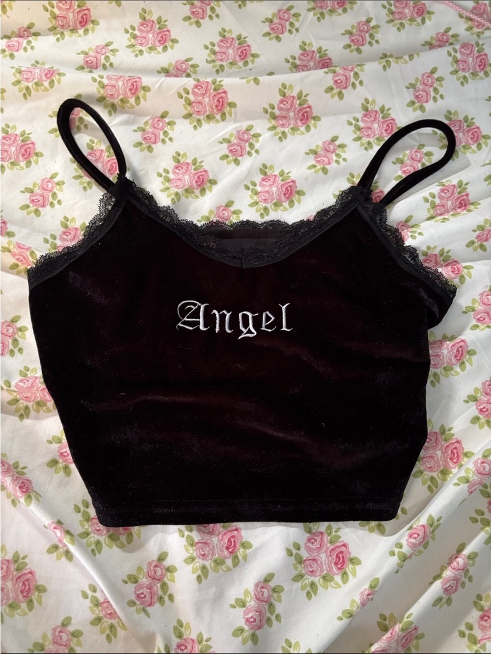 SHEIN Angel Black Velvet Lace-Trim Cami Crop Top 🪽🖤